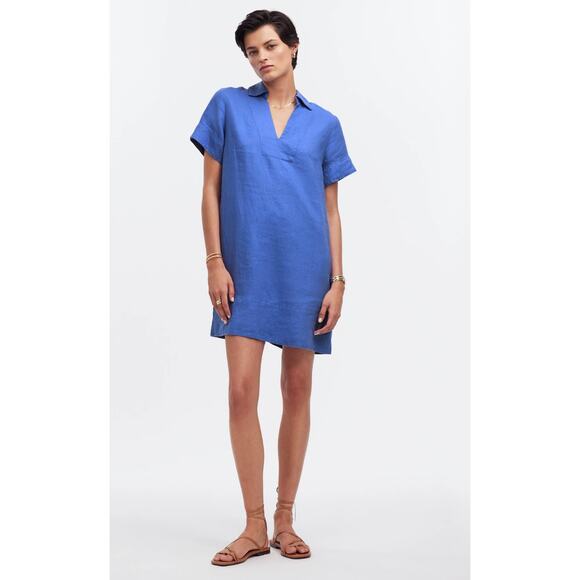 MADEWELL Linen Shirt Dress S NWT Blue Star V-Neck NEW Shift Pockets NQ627 - Picture 4 of 5